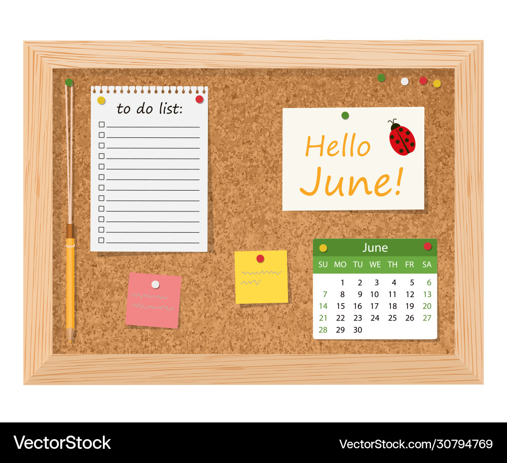 Hello junecork board with to do list adhesive Hello junecork board with to do list adhesive vector image