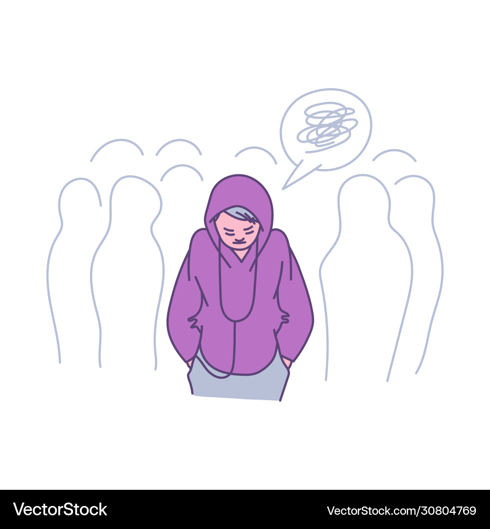 Lonely person in a crowd - cartoon teenager Lonely person in a crowd - cartoon teenager Vector Image