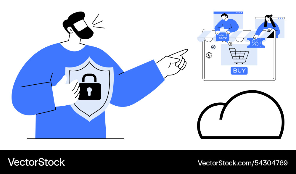 Man explaining online security with shield Man explaining online security with shield vector image