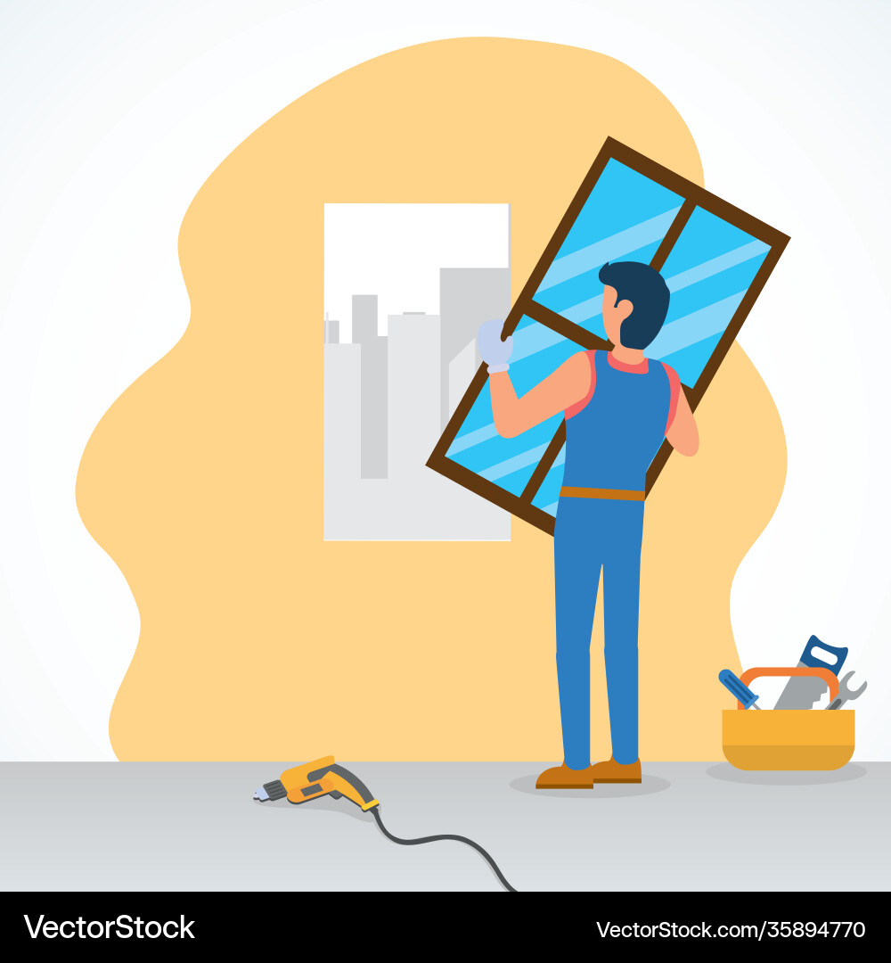 Construction worker installing a window and tools Vector Image