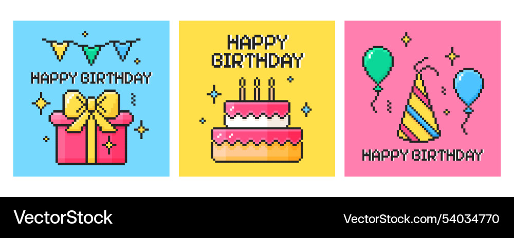 Square cards of pixel art happy birthday Square cards of pixel art happy birthday vector image