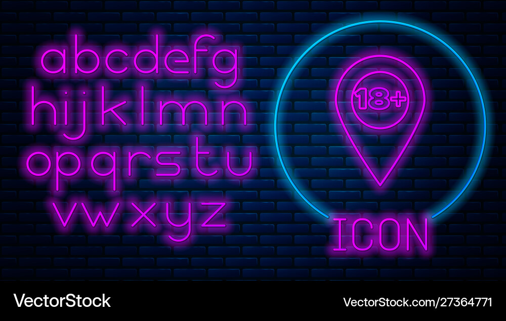 Glowing neon map pointer with 18 plus icon Glowing neon map pointer with 18 plus icon vector image