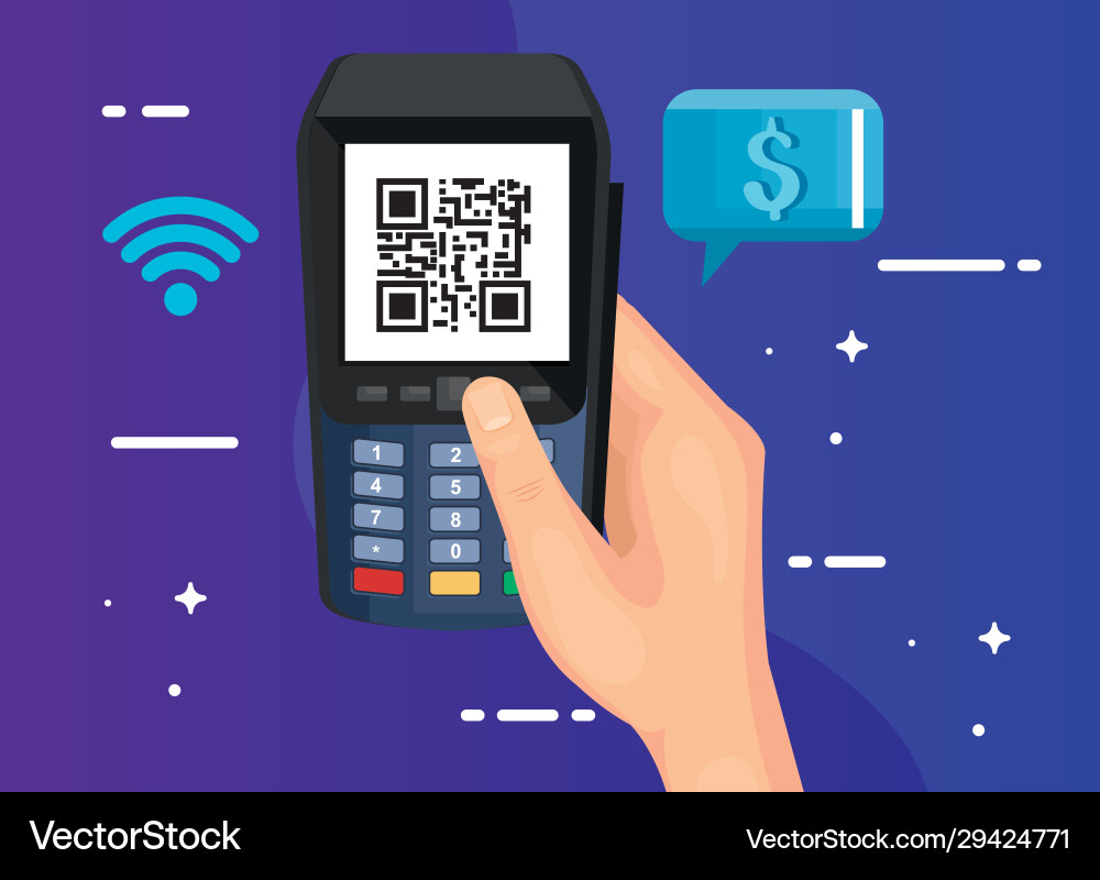 Hand using dataphone with scan code qr and icons Hand using dataphone with scan code qr and icons vector image