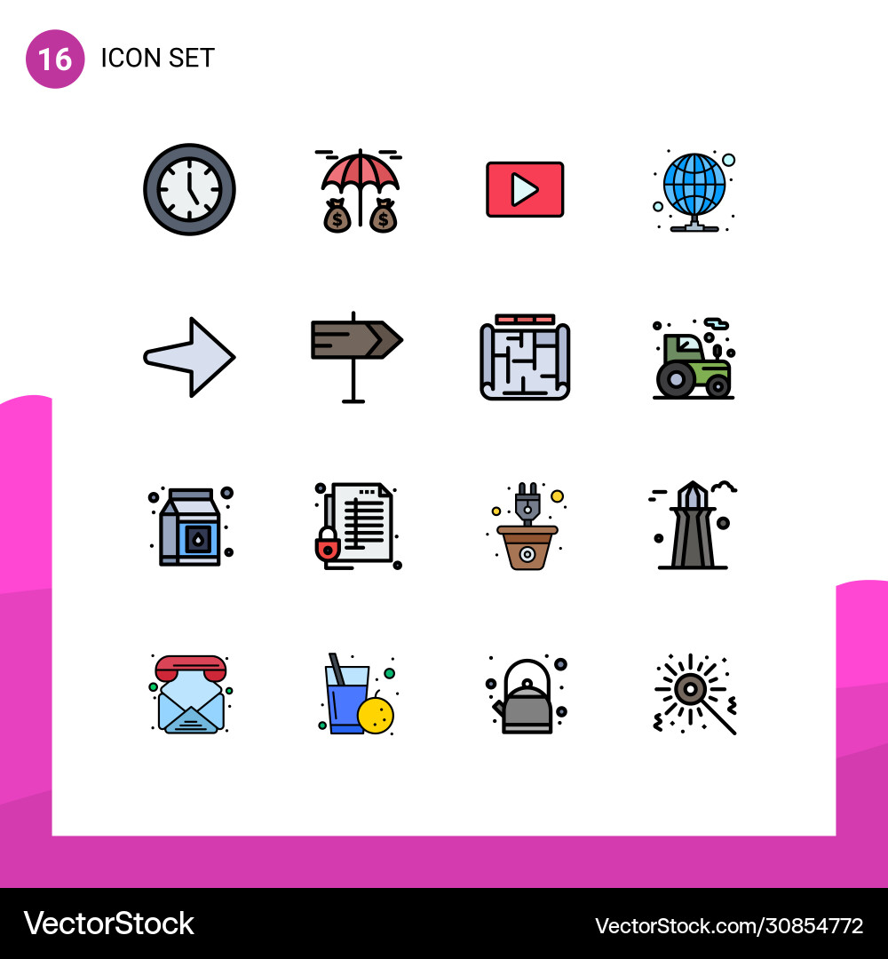 16 universal flat color filled lines set for web vector image