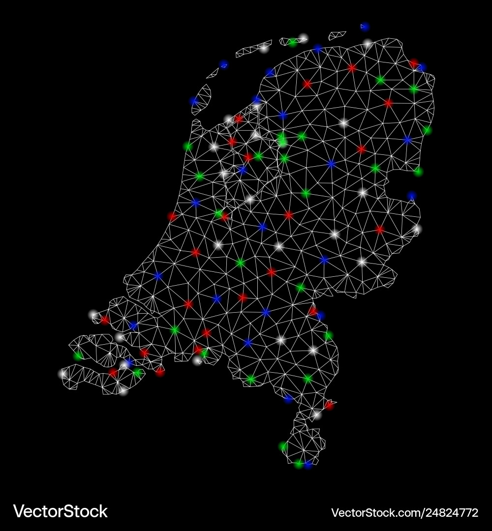Bright mesh wire frame netherlands map with flare Bright mesh wire frame netherlands map with flare vector image