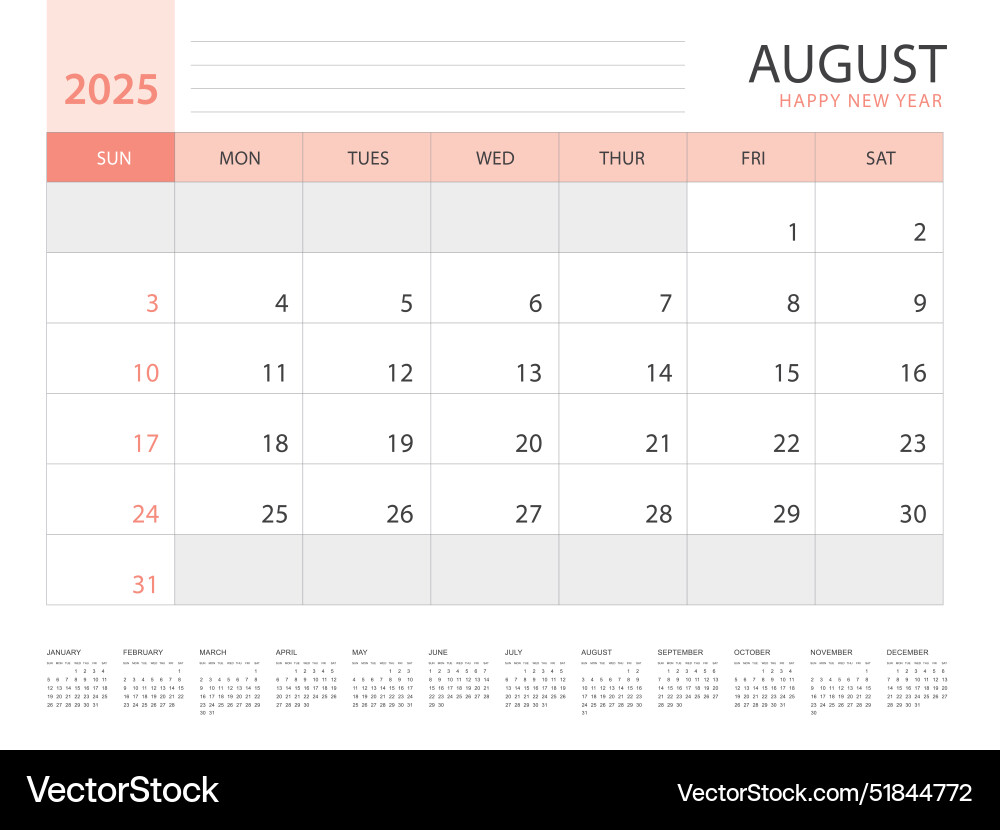 Calendar 2025 year template august design Vector Image