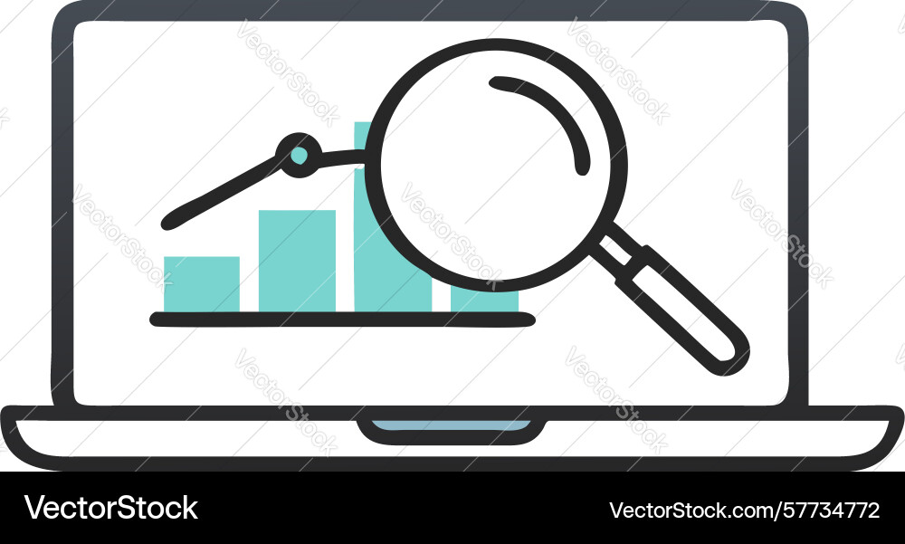 Laptop with chart magnifier icon for data vector image