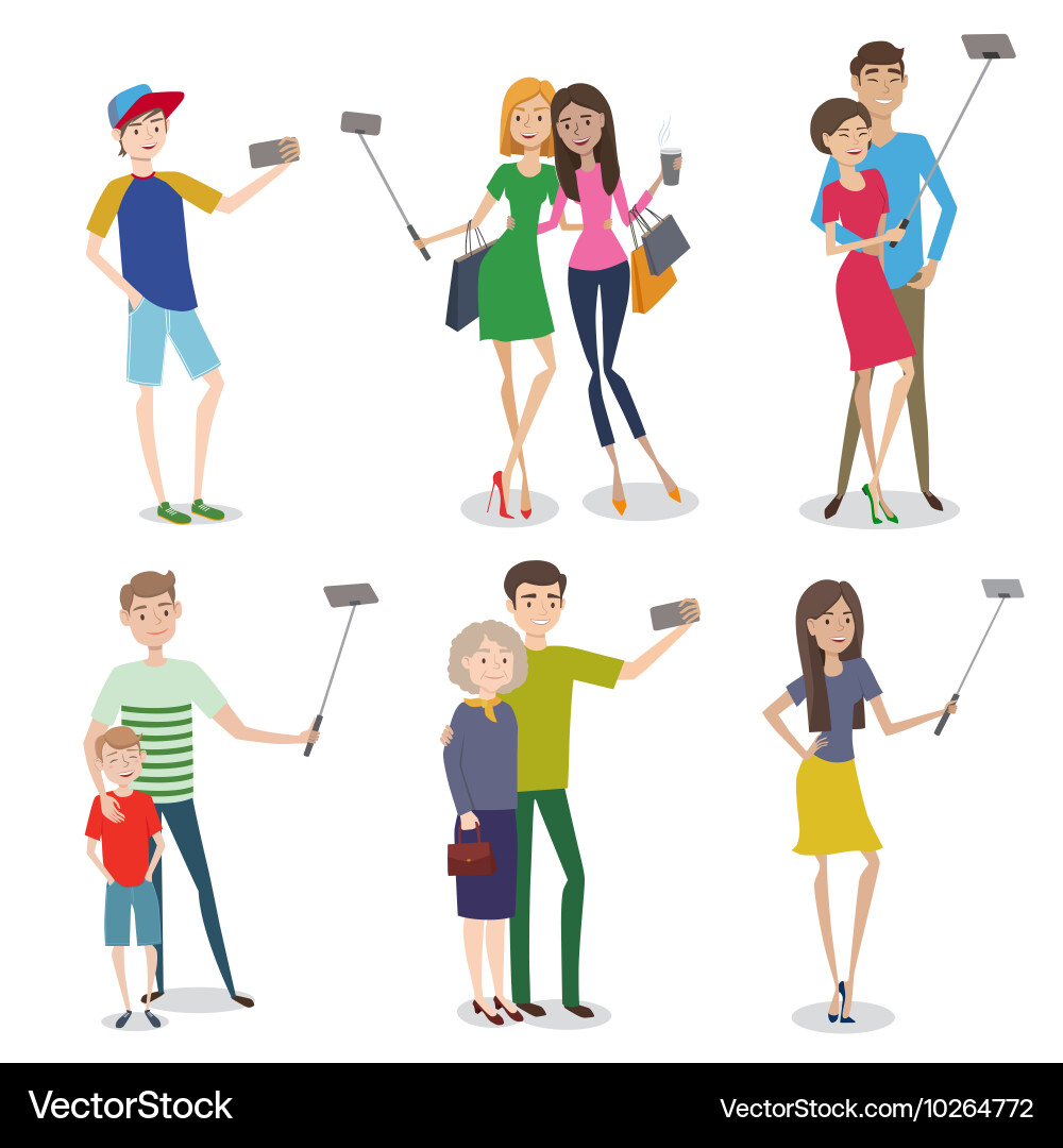 People Taking Selfies with Smartphones Vector Image