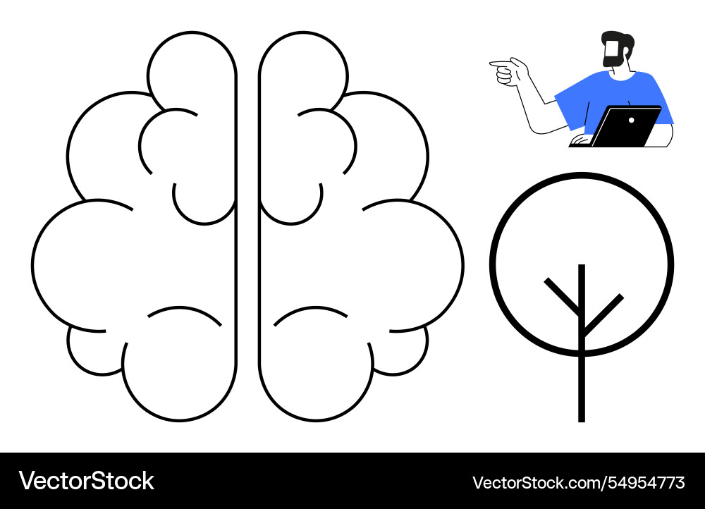 Abstract brain tree and man pointing at screen Abstract brain tree and man pointing at screen vector image