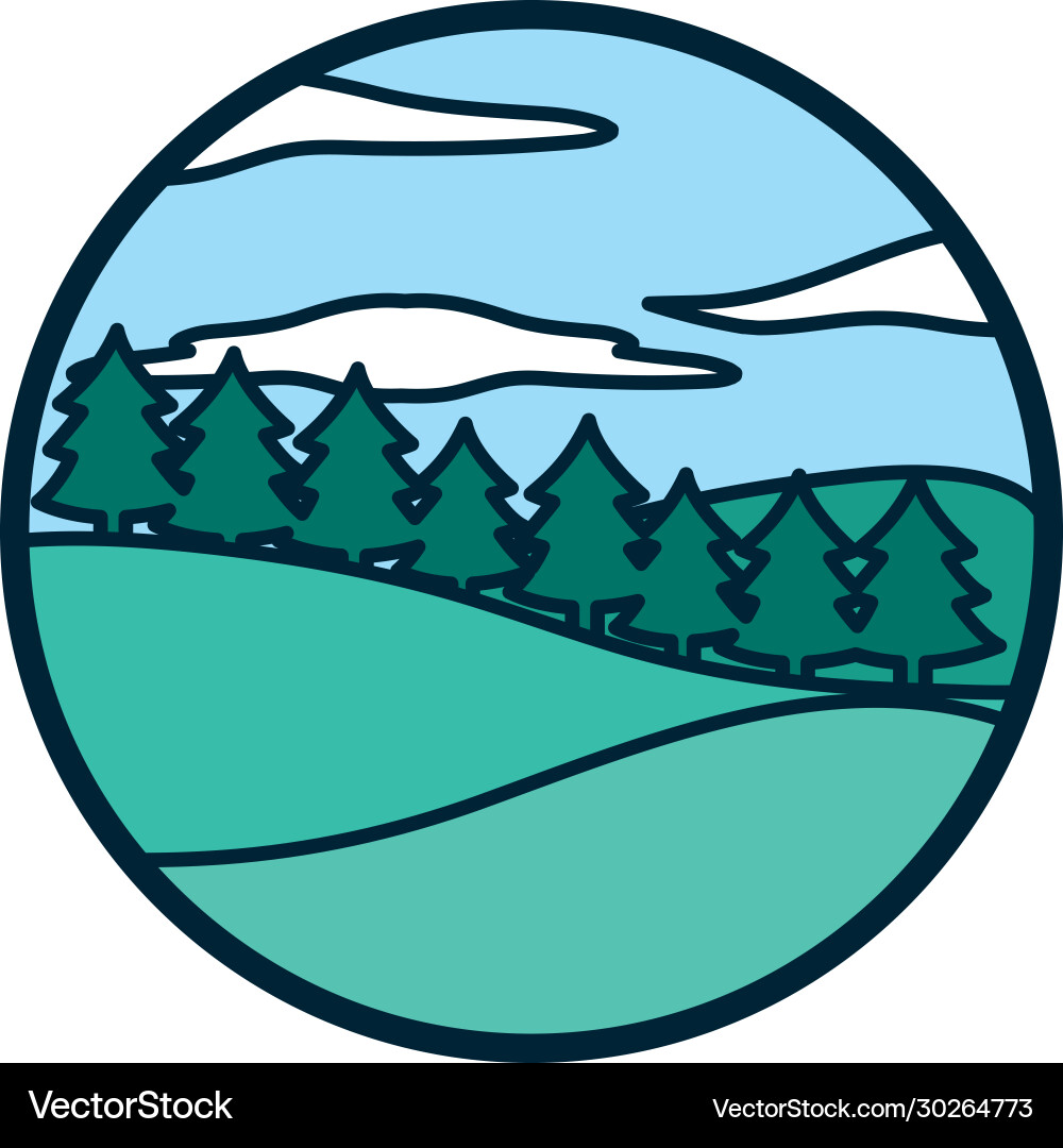 Pine trees and clouds line fill style icon vector image