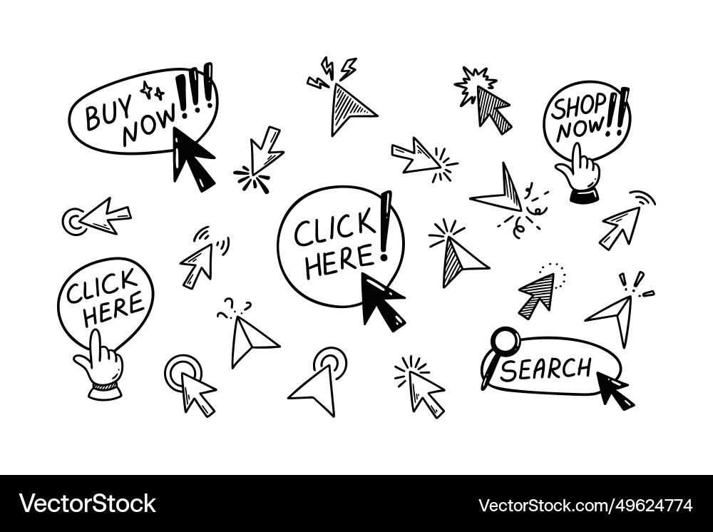 Doodle click icon set hand drawn mouse cursor Doodle click icon set hand drawn mouse cursor vector image