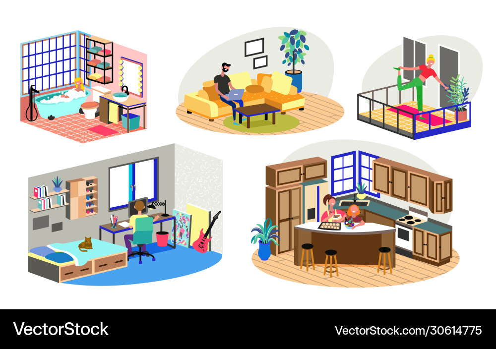 People staying home due to quarantine working People staying home due to quarantine working vector image