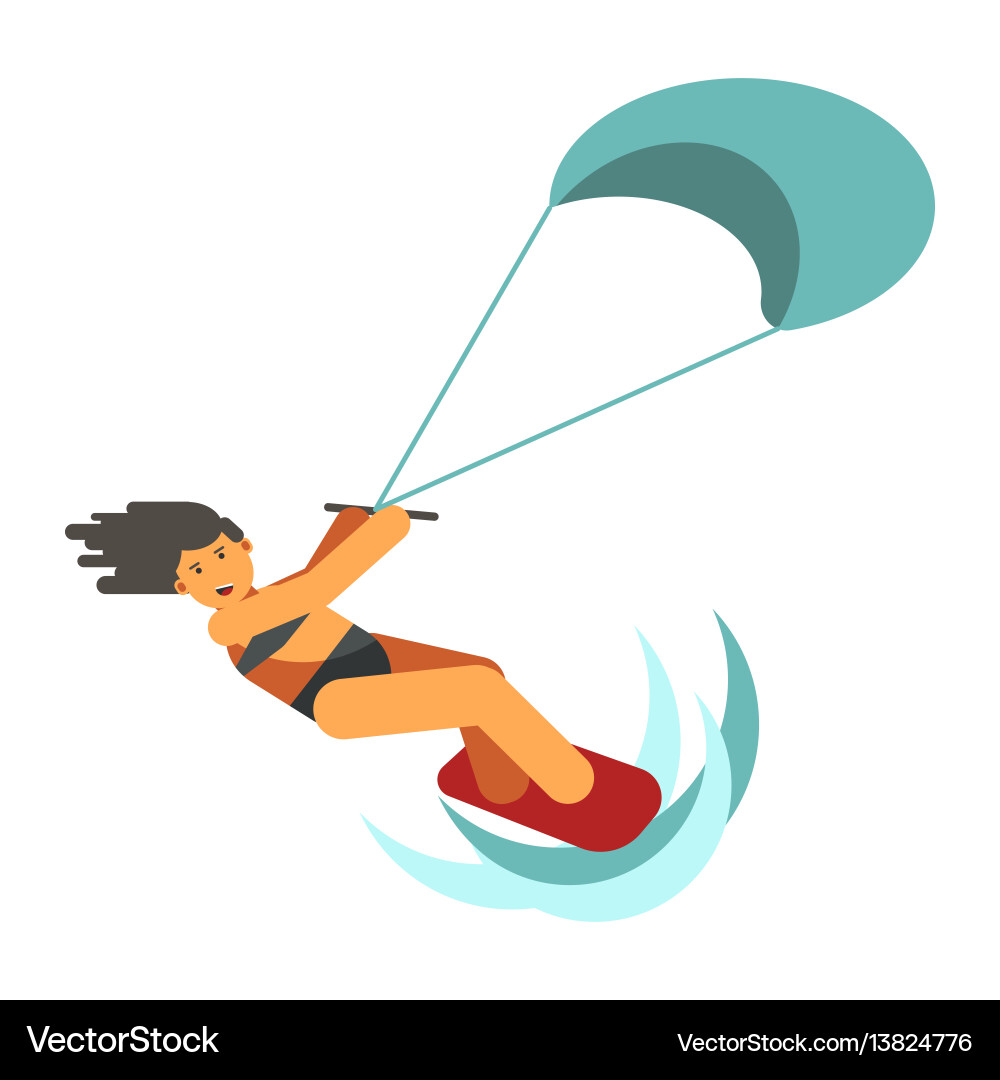 Dark-haired woman practices kiteboarding flat Dark-haired woman practices kiteboarding flat vector image