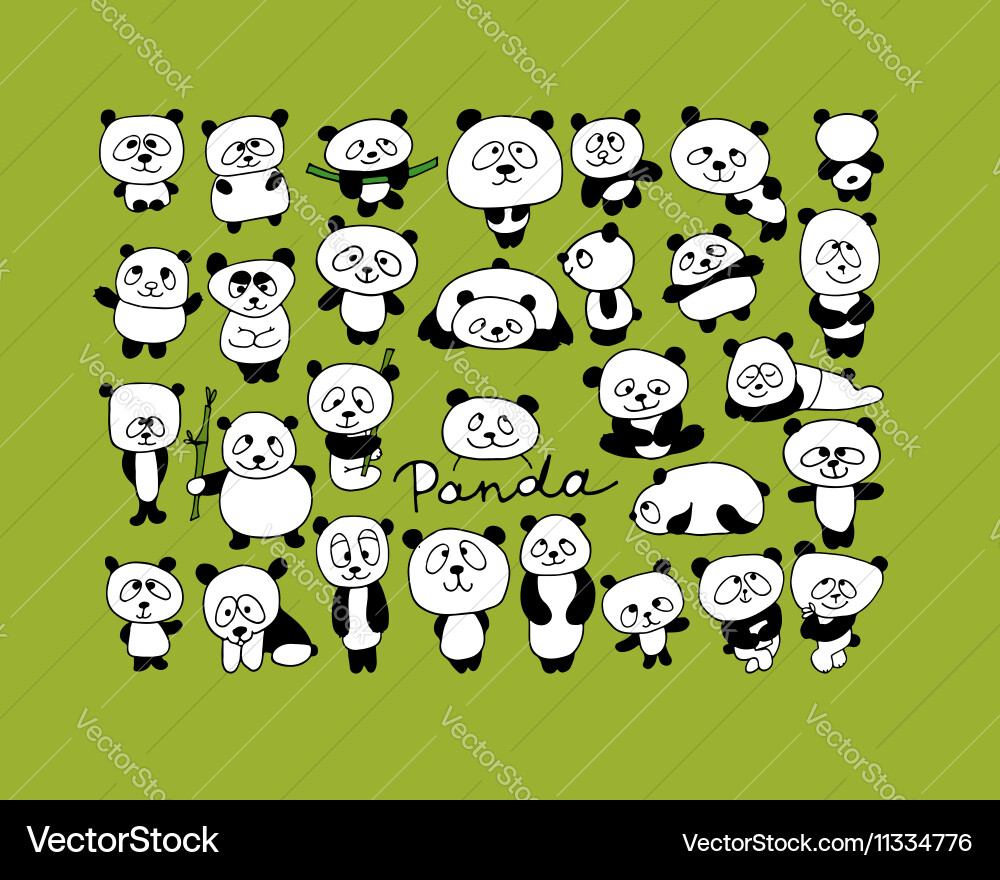 Funny pandas collection sketch for your design vector image