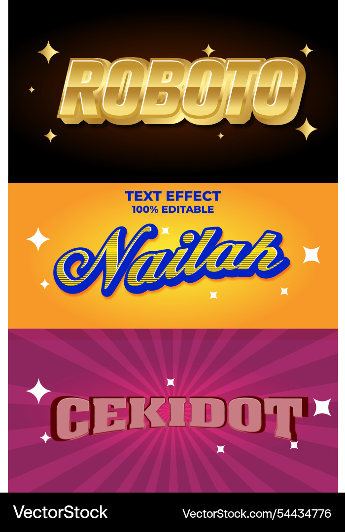 Three 3d text effects with stars and editable Vector Image