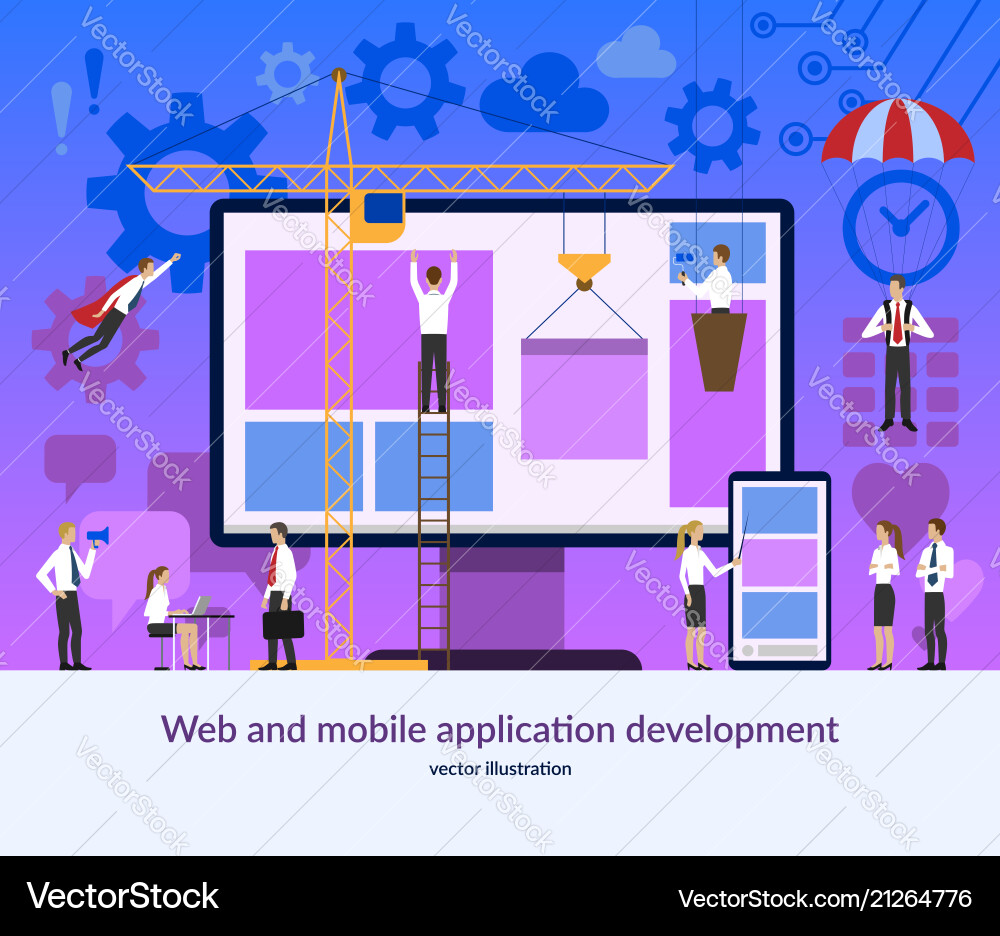 Web and mobile application development teamwork Web and mobile application development teamwork vector image