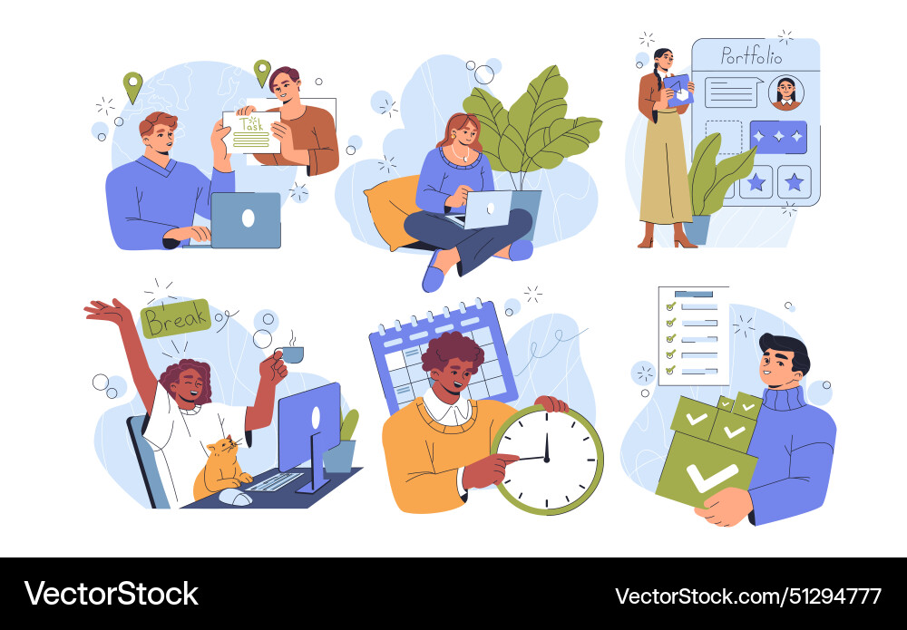 Concepts of remote work benefits limitations and Vector Image