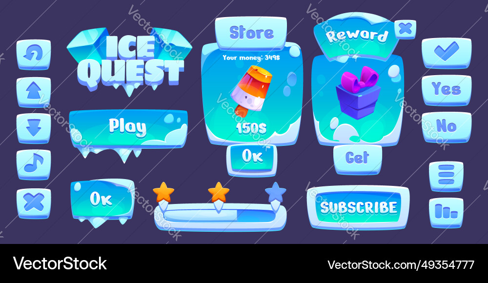 Ice quest game ui buttons set Ice quest game ui buttons set vector image