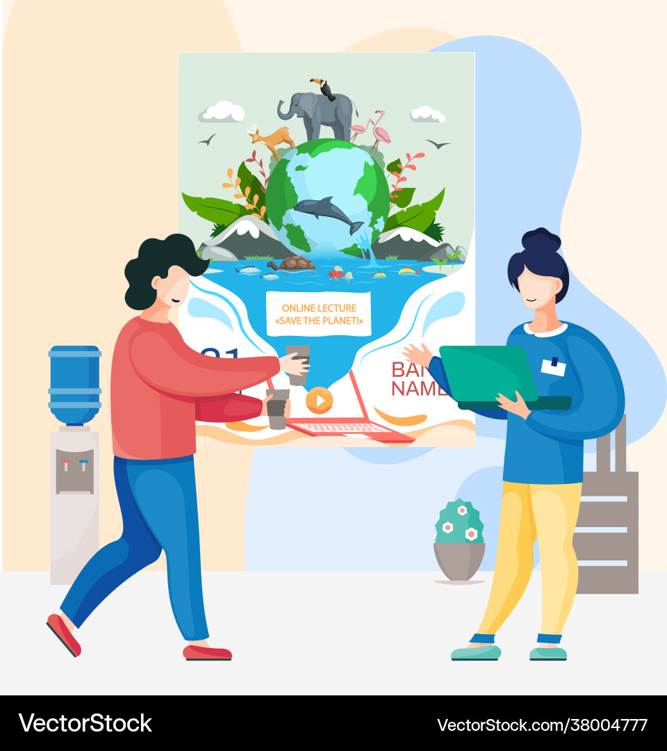 People work with online lecture about saving Vector Image
