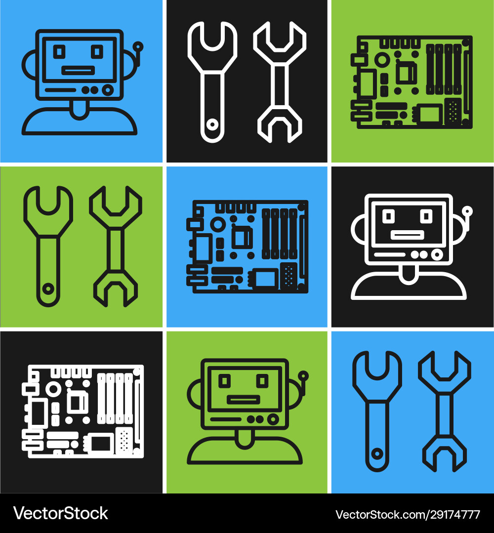 Set line robot electronic computer components Set line robot electronic computer components vector image