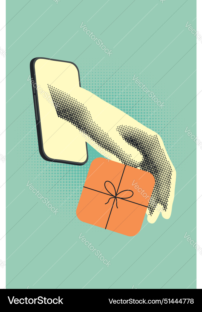 Halftone hand with gift box Royalty Free Vector Image