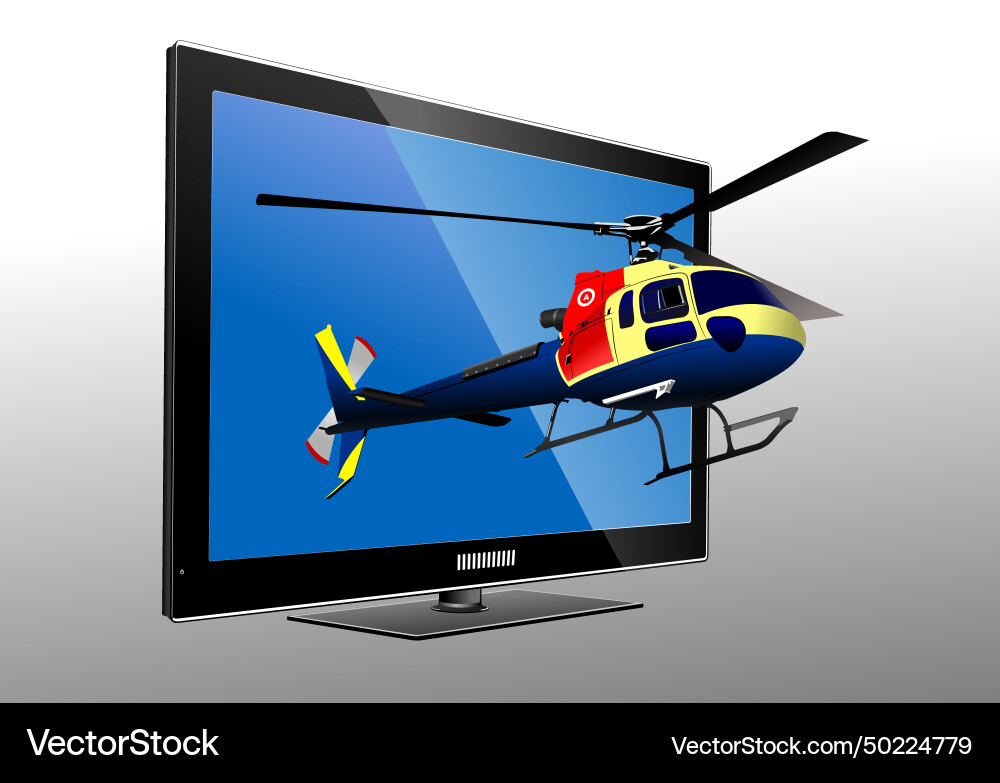Flat computer monitor with helicopter display 3d Flat computer monitor with helicopter display 3d vector image