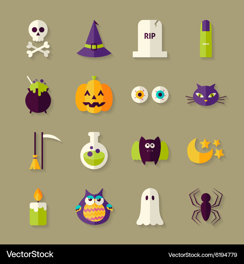 Flat magic halloween witch objects set with shadow vector image