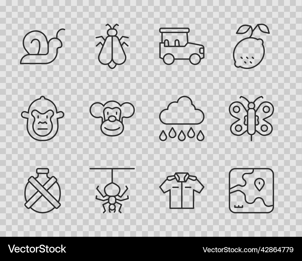 Set line canteen water bottle africa safari map Vector Image