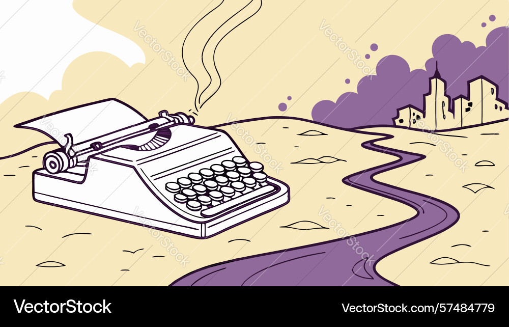 Typewriter on winding path with abstract hills vector image