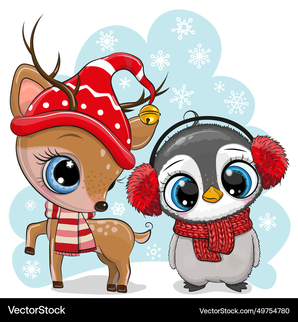 Cute deer in hat and penguin on a blue background – Royalty-Free Vector |  VectorStock, image size:1000x1080