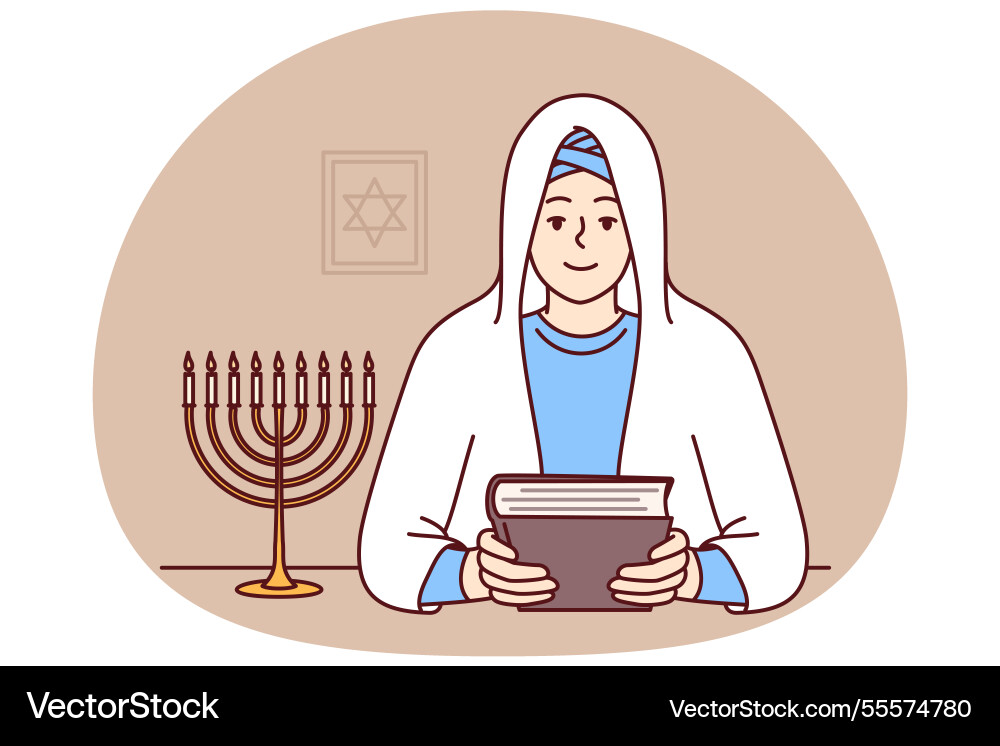 Jewish woman rabbi in white veil holds torah Jewish woman rabbi in white veil holds torah vector image
