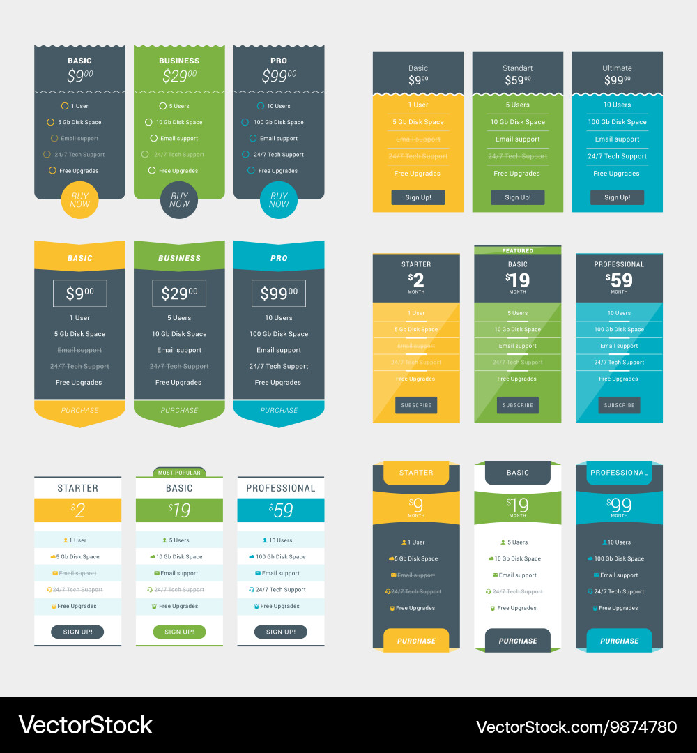 Set of pricing table design templates for websites Vector Image