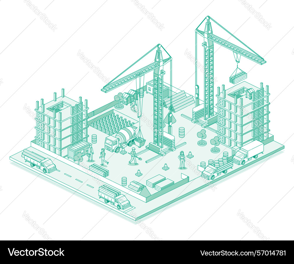 Active construction site with cranes workers Vector Image