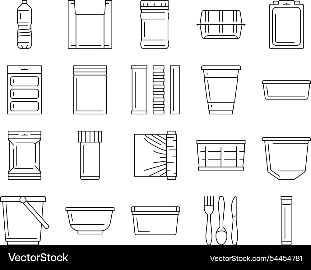 Plastic packaging food container icons set Plastic packaging food container icons set vector image