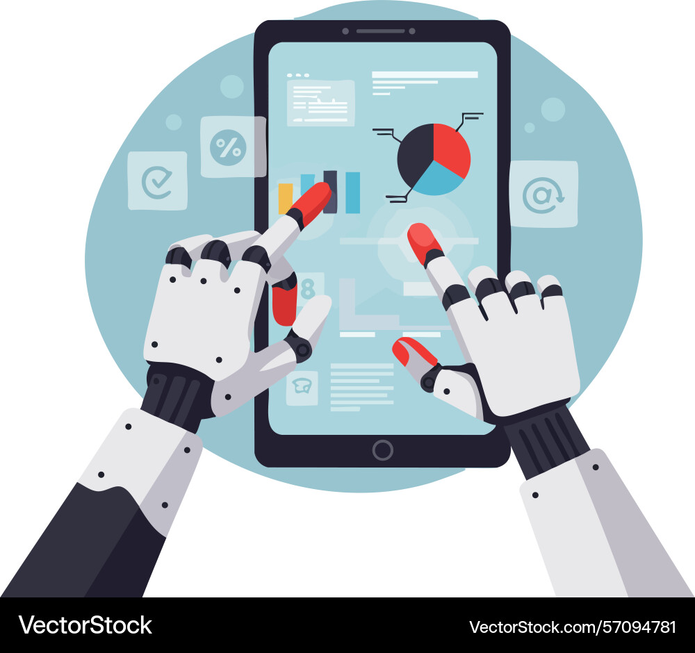 Robot hands interacting with tablet displaying Robot hands interacting with tablet displaying vector image