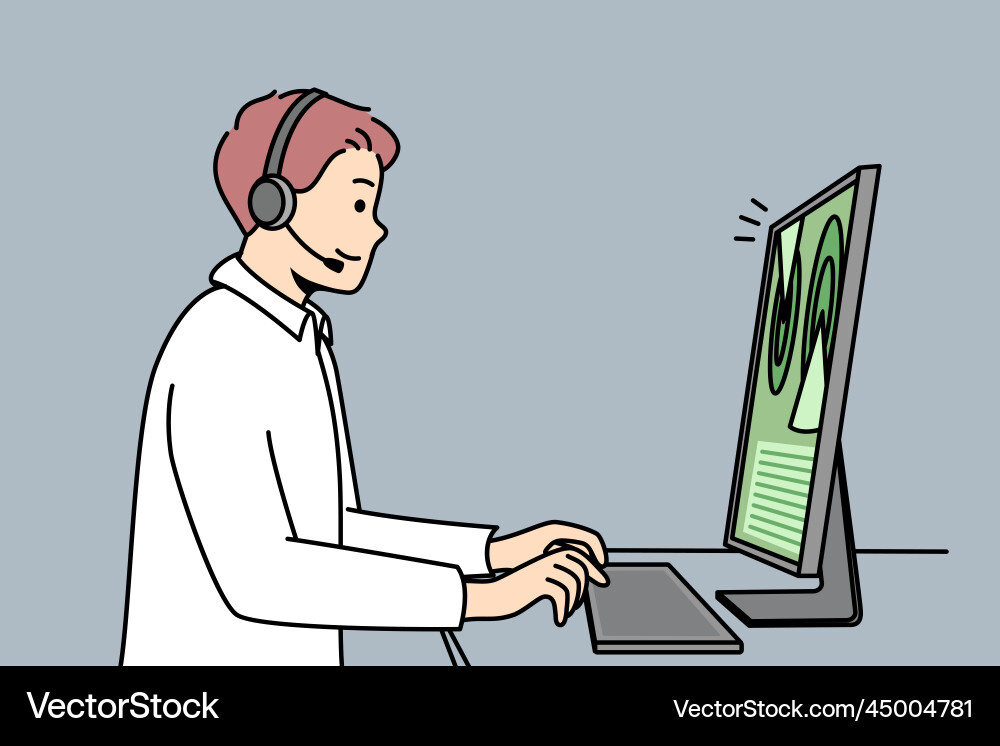 Web designer in headset works at computer Vector Image