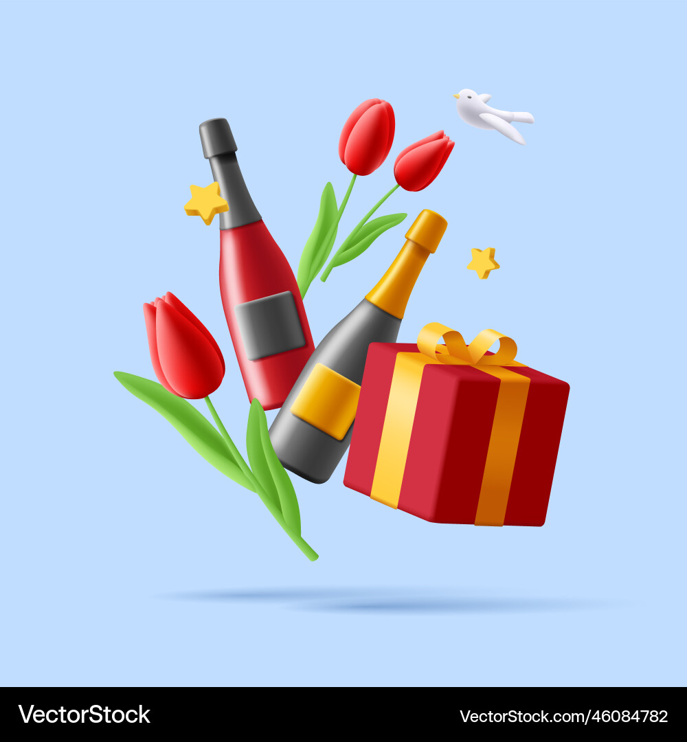 3d spring greeting composition with red tulip vector image