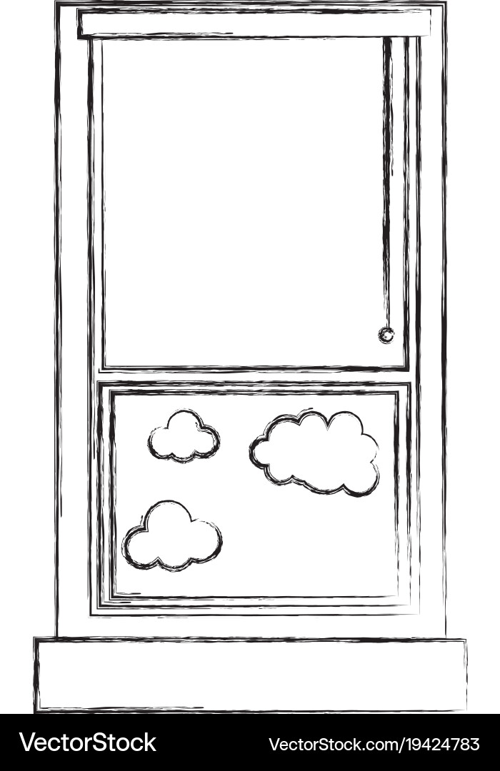 Figure window with curtain blind open and clouds vector image