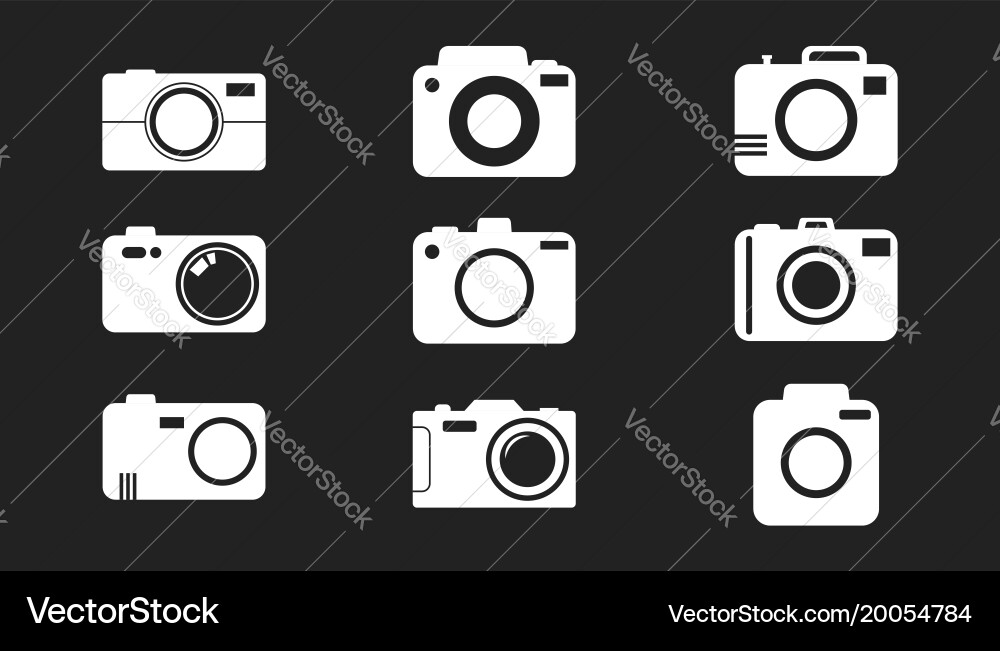 Camera icon set on black background in flat style vector image