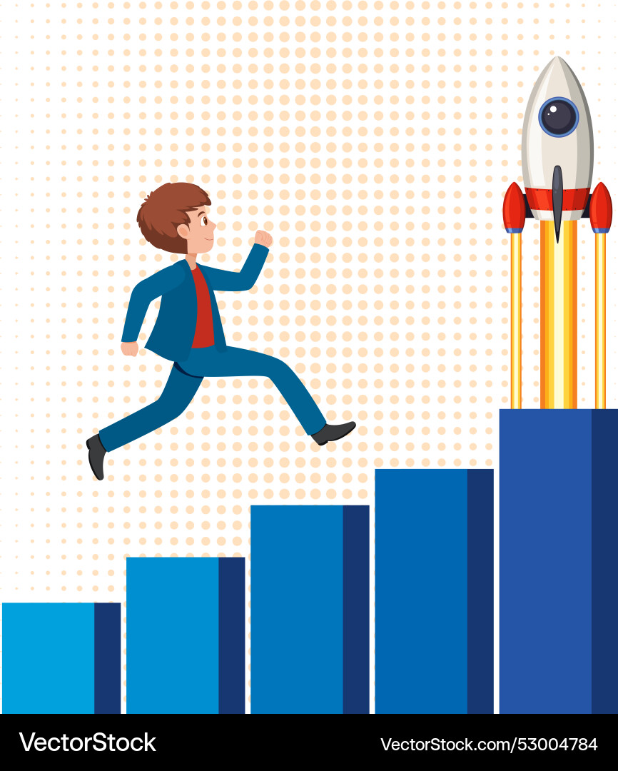 Man climbing bar graph towards rocket Vector Image