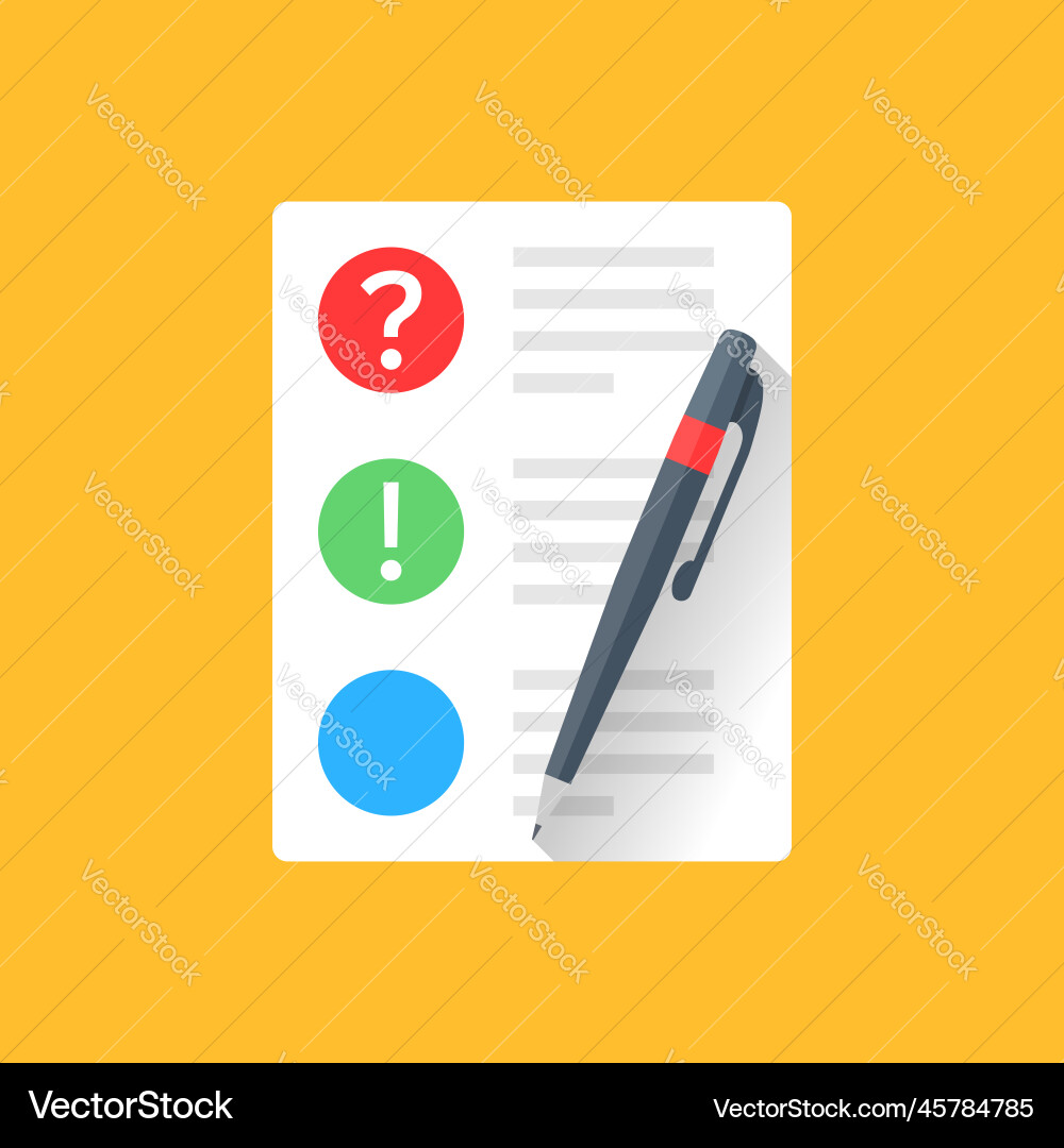Document with question mark and pen icon in flat Document with question mark and pen icon in flat Vector Image