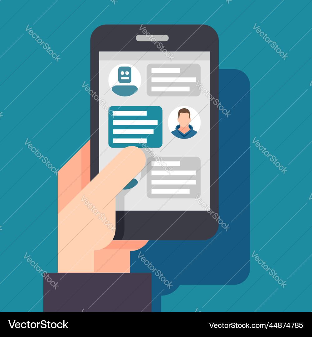 Man chatting with chat bot on smartphone Man chatting with chat bot on smartphone Vector Image