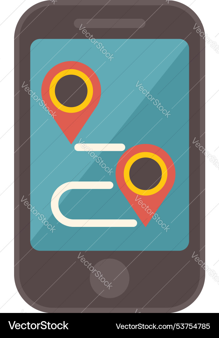 Smartphone showing route with two location pins Smartphone showing route with two location pins vector image