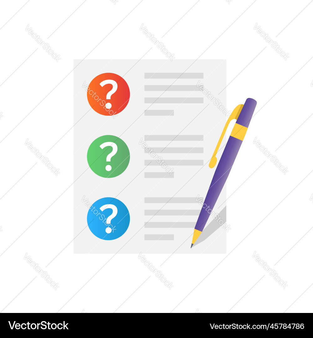 Document with question mark and pen icon in flat Document with question mark and pen icon in flat Vector Image
