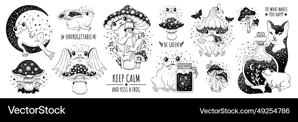 Whimsical Animal Characters - Frogs & Mushrooms Vector Image