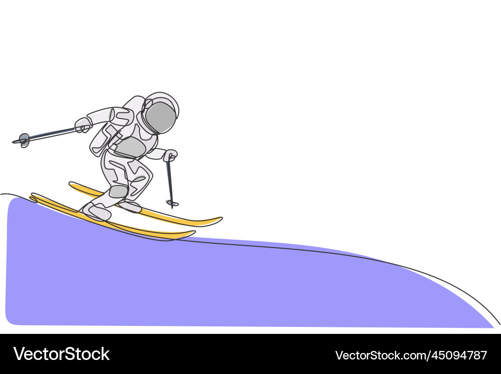 One continuous line drawing of astronaut skiing One continuous line drawing of astronaut skiing vector image
