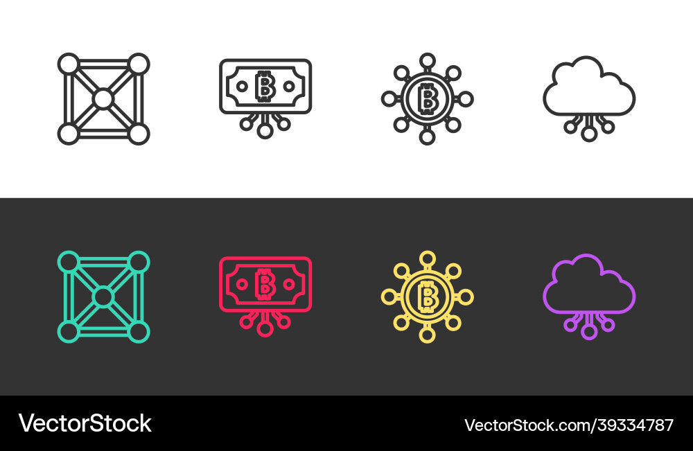 Set line blockchain technology bitcoin Set line blockchain technology bitcoin vector image