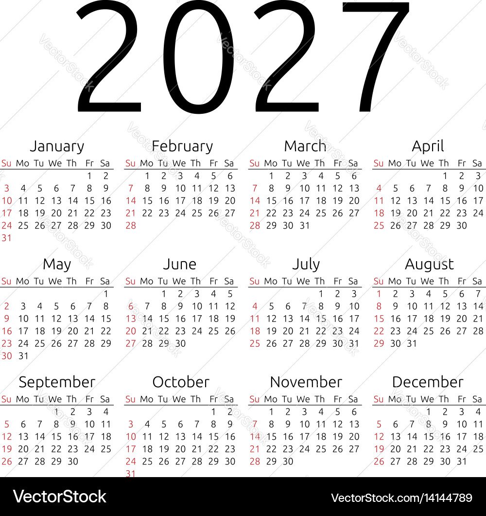 Calendar 2027 sunday vector image