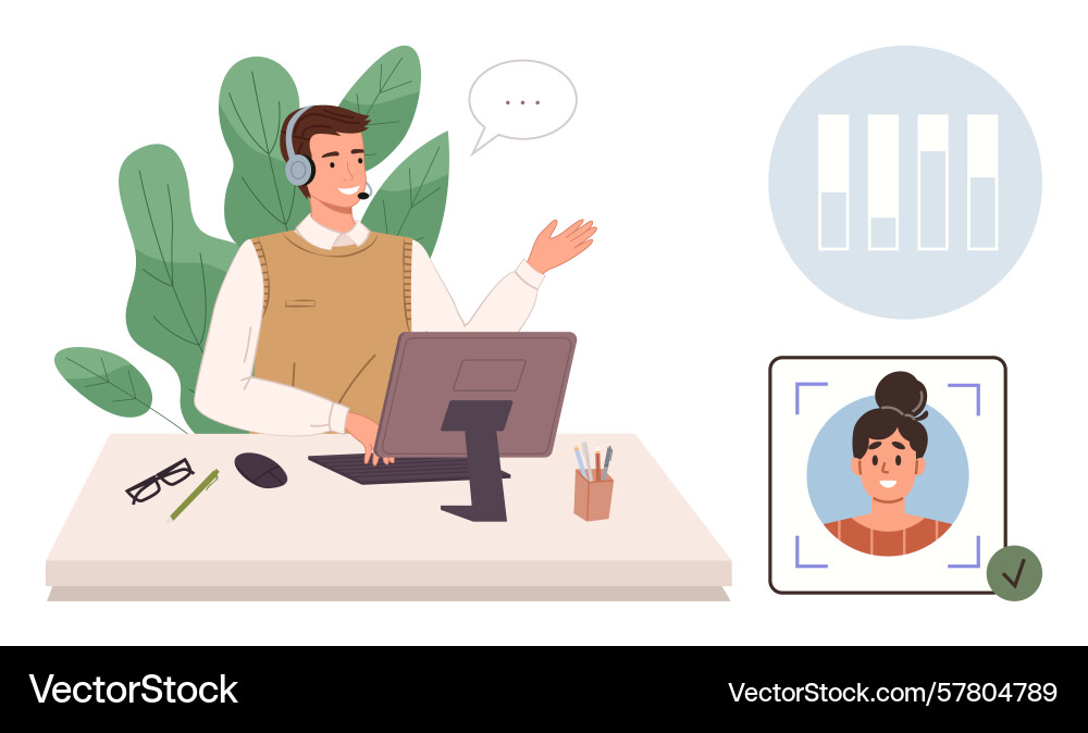 Customer support agent communicating via computer Customer support agent communicating via computer vector image