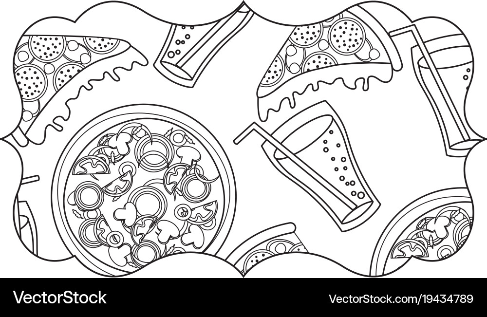 Frame with pizza and soda pattern background Vector Image